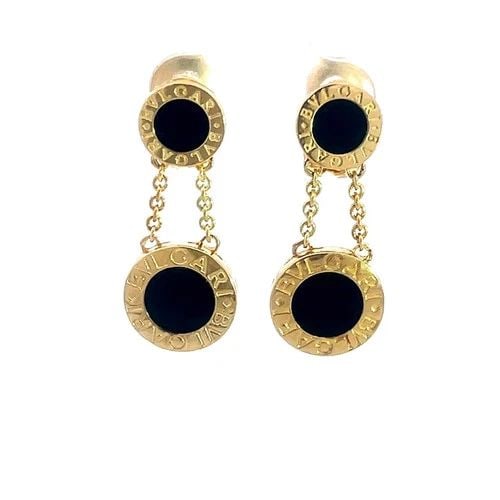 70802 BVLGARI ONYX GOLD EARRINGS ENGRAVED 2 DISC 18K YELLOW DANGLE STYLE (1 of 2)