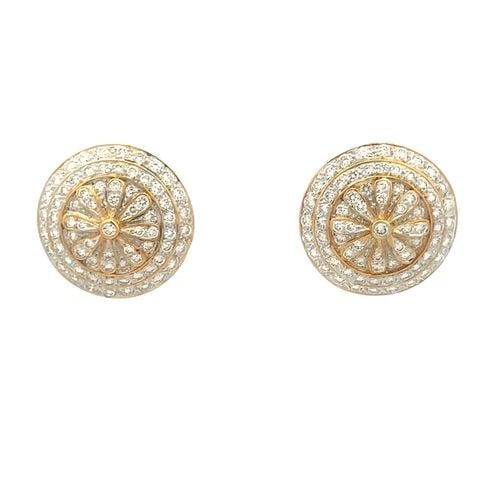 DIAMOND GOLD EARRINGS 2 CARATS 18K YELLOW FLORAL BUTTON DESIGN HUGGIE: DIAMOND GOLD EARRINGS 2 CARATS 18K YELLOW FLORAL BUTTON DESIGN HUGGIE These stunning pair of earrings show off a floral design in the center of a 21mm round slight dome button shape frame, the top is 