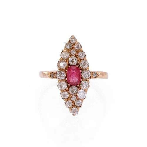 VICTORIAN DIAMOND RUBY 18K ROSE GOLD MARQUISE COCKTAIL RING SIZE 9.25: VICTORIAN DIAMOND RUBY 18K ROSE GOLD MARQUISE COCKTAIL RING SIZE 9.25 Victorian Diamond Ruby 18k Rose Gold Marquise Cocktail Ring Size 9.25 Description This is a gorgeous Victorian Era ring, crafted f