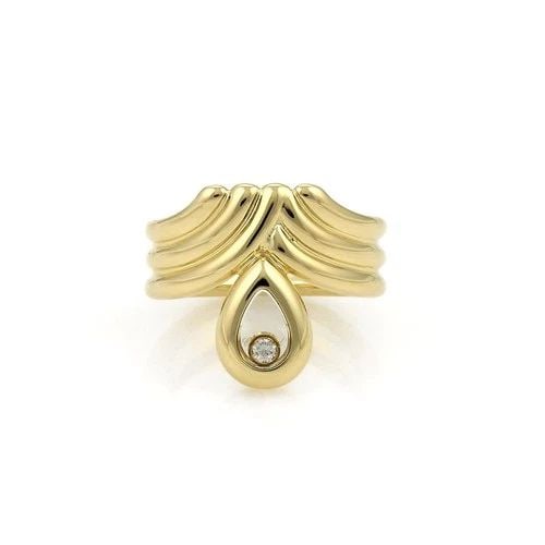 CHOPARD HAPPY DIAMOND GOLD RING 18K YELLOW PEAR SHAPE RIBBED STYLE SIZE 5.25: CHOPARD HAPPY DIAMOND GOLD RING 18K YELLOW PEAR SHAPE RIBBED STYLE SIZE 5.25 This is a unique design ring by Chopard from the Happy Diamond Collection. Crafted from 18k yellow gold with a polished fin