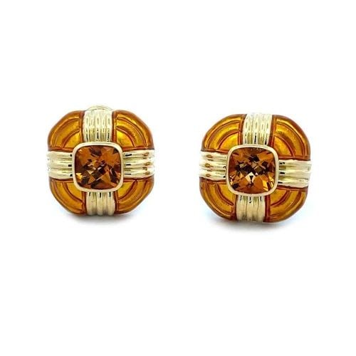 ENAMEL CITRINE 18K 14K YELLOW GOLD CUSHION POST CLIP HUGGIE EARRINGS: ENAMEL CITRINE 18K 14K YELLOW GOLD CUSHION POST CLIP HUGGIE EARRINGS This beautiful pair of earrings are crafted from 18k yellow gold with 14k yellow gold backs. The pair features a cushion dome like 