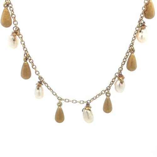 ROBERTO COIN PEARLS GOLD NECKLACE 18K YELLOW DANGLE TEARDROP BEADS STYLE: This charming necklace is by Roberto Coin, it is a stunning piece of fine jewelry featuring 18k yellow gold with a lobster closure. The necklace showcases a beautiful alternating brushed gold teardrop