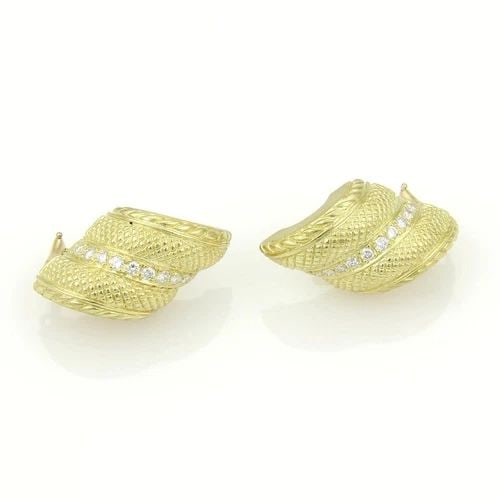 JUDITH RIPKA DIAMOND GOLD EARRINGS 18K YELLOW CURVED SHELL HUGGIE STYLE: JUDITH RIPKA DIAMOND GOLD EARRINGS 18K YELLOW CURVED SHELL HUGGIE STYLE These elegant earrings are by designer Judith Ripka, they are crafted from 18k yellow gold in a post omega back huggie style ear