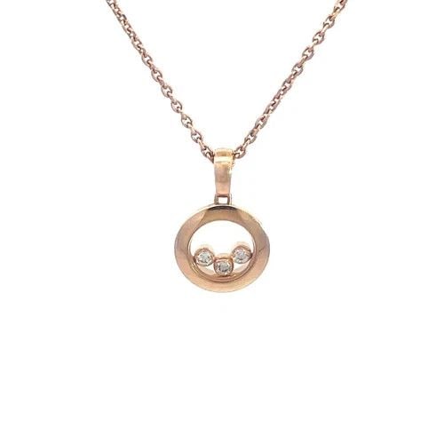 CHOPARD HAPPY DIAMOND GOLD NECKLACE 18K ROSE ROUND PENDANT: CHOPARD HAPPY DIAMOND GOLD NECKLACE 18K ROSE ROUND PENDANT This lovely Chopard Happy Diamond necklace is a stunning piece of fine jewelry featuring a 18k rose gold round pendant with 3 bezel set diamo