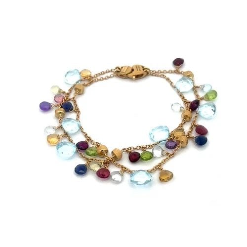 MARCO BICEGO PARADISE GOLD BRACELET 18K YELLOW GEMSTONE BEAD STYLE: The Marco Bicego Paradise Gold Bracelet is a stunning piece of fine jewelry featuring 18k yellow gold with multicolor beads mixed with small gold beads, all strung on double strand oval chain bracelet