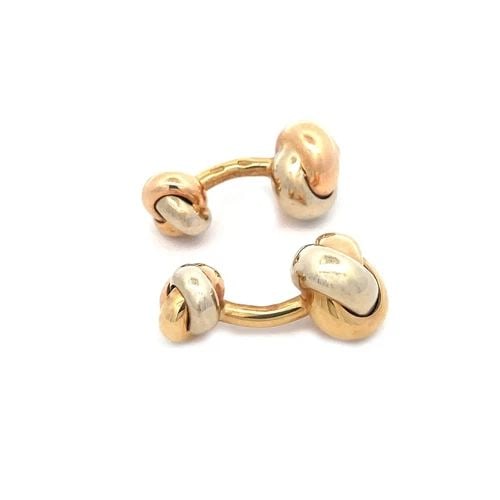 CARTIER 18K GOLD CUFFLINKS LOVE KNOT TRI-COLOR STUD STYLE: CARTIER 18K GOLD CUFFLINKS LOVE KNOT TRI-COLOR STUD STYLE This is an authentic pair of cufflinks by Cartier from the Trinity Collection featuring the love knot design crafted from 18k yellow, pink and