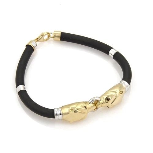GOLD PANTHER BRACELET 18K TWO TONE DOUBLE HEAD RUBBER CORD BRACELET RCI: GOLD PANTHER BRACELET 18K TWO TONE DOUBLE HEAD RUBBER CORD BRACELET RCI This is a beautiful bracelet from RCI Turkey, it is crafted from solid 18k yellow and white gold with a polished finish and feat