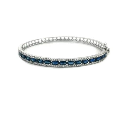 SAPPHIRE DIAMOND GOLD BRACELET 14K WHITE OVAL HINGED STYLE BANGLE (1 of 2)