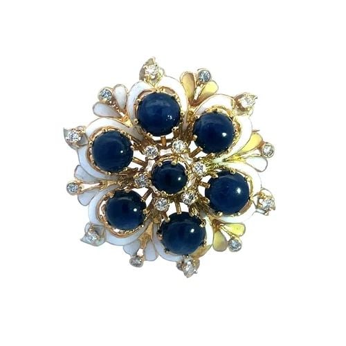 DIAMOND & SAPPHIRES GOLD BROOCH 14K YELLOW VINTAGE ENAMEL FLORAL STYLE PENDANT: DIAMOND & SAPPHIRES GOLD BROOCH 14K YELLOW VINTAGE ENAMEL FLORAL STYLE PENDANT Elevate your jewelry collection with the timeless elegance of the diamond & sapphire gold brooch or pendant. Crafted from