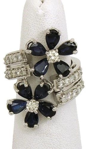 DIAMOND SAPPHIRE GOLD RING 14K WHITE ESTATE FLORAL BYPASS RING (1 of 2)