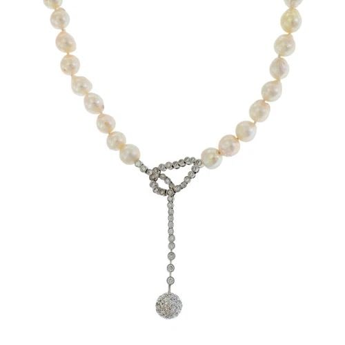 VINTAGE 1.70CT DIAMOND BAROQUE PEARLS 18K GOLD BALL KNOT PENDANT NECKLACE (1 of 2)
