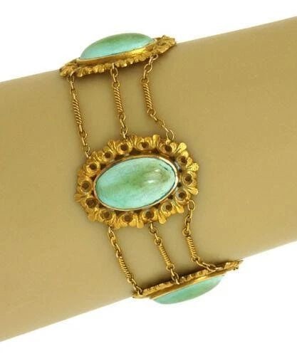 TURQUOISE BRACELET YELLOW GOLD VICTORIAN TRIPLE CHAIN LINK FANCY DESIGN: TURQUOISE BRACELET YELLOW GOLD VICTORIAN TRIPLE CHAIN LINK FANCY DESIGN This Turquoise Bracelet in Yellow Gold is a stunning piece of Victorian era jewelry. The intricate triple chain link design of t