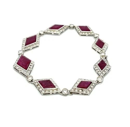 DIAMOND GEMSTONE BRACELET 14K WHITE GOLD RHOMBUS LINK VINTAGE (1 of 2)