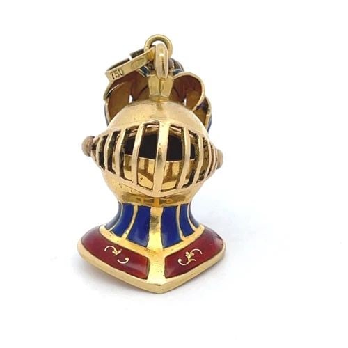 KNIGHT'S HELMET W/PLUME PENDANT VINTAGE 18K YELLOW GOLD RED BLUE ENAMEL (1 of 2)