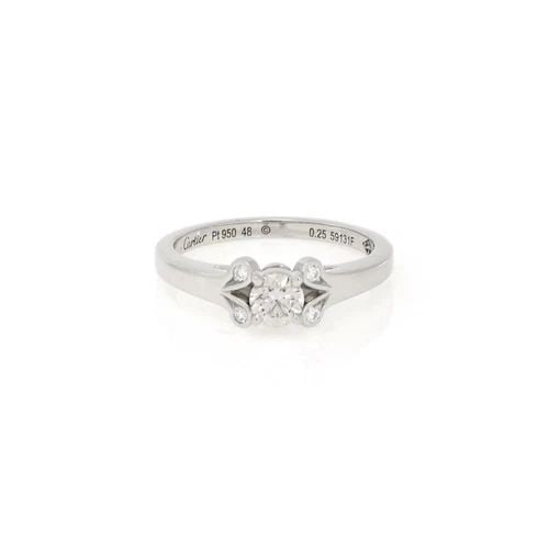 CARTIER ENGAGEMENT RING PLATINUM AND DIAMOND SIZE - 4.5 W/PAPER: CARTIER ENGAGEMENT RING PLATINUM AND DIAMOND SIZE - 4.5 W/PAPER This Cartier engagement ring is a stunning piece of fine jewelry crafted in platinum and adorned with a round cut diamond. With a ring s