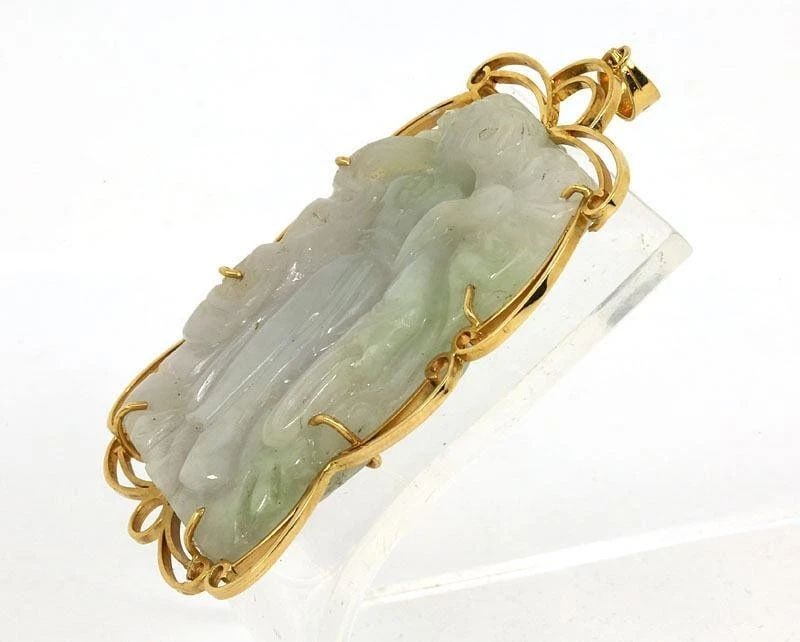 JADE QUAN YIN GOLD PENDANT LAVENDER 14K YELLOW HAND CARVED VINTAGE (1 of 2)