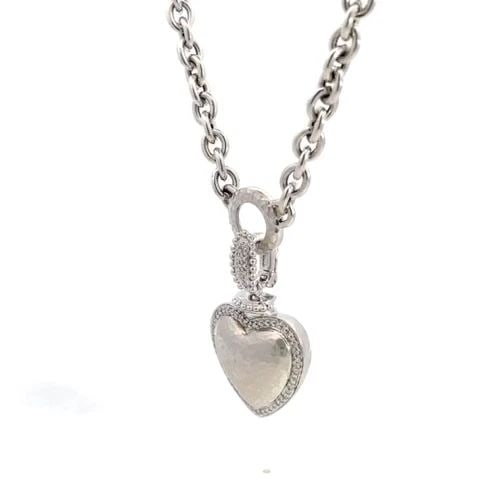 DIAMOND HEART PENDANT 14K WHITE GOLD DOME HAMMERED STYLE W/CHAIN.: DIAMOND HEART PENDANT 14K WHITE GOLD DOME HAMMERED STYLE W/CHAIN. This elegant pendant and chain are crafted from 14k white gold. The pendant is detachable with clip latch back bail. The front of the 