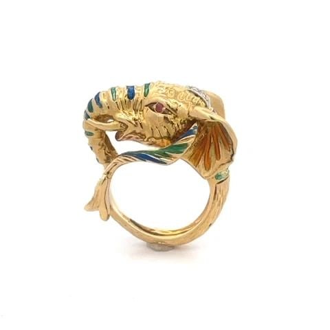 DIAMOND ENAMEL ELEPHANT RING 18K YELLOW GOLD 3D: DIAMOND ENAMEL ELEPHANT RING 18K YELLOW GOLD 3D This is an adorable 3D ring, it is crafted from 18k yellow gold with white gold accent featuring a large elephant head with the fur like finish striped 
