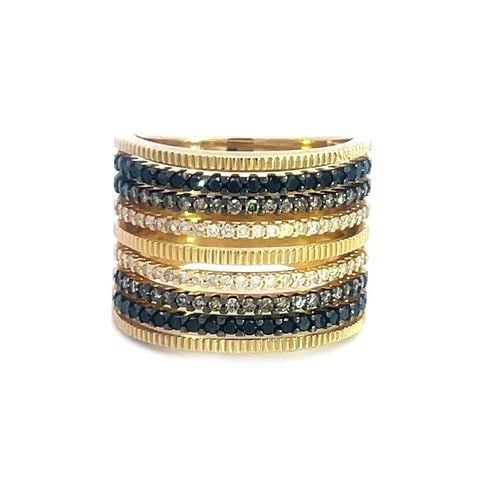 DIAMOND GOLD WIDE BAND RING 18K YELLOW 9 ROWS BLACK CHAMPAGNE COLOR: DIAMOND GOLD WIDE BAND RING 18K YELLOW 9 ROWS BLACK CHAMPAGNE COLOR Elevate your jewelry collection with this stunning piece of fine jewelry featuring a beautiful combination of yellow gold, white, bl