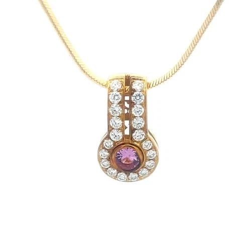 DI MODOLO DIAMOND GOLD SLIDE PENDANT 8K YELLOW GEMSTONE SNAKE CHAIN: The Di Modolo Diamond Gold Slide Pendant is a stunning piece of fine jewelry featuring natural round white diamond set in 18k yellow gold with a prong setting and a pink bezel set gemstone. The snake 