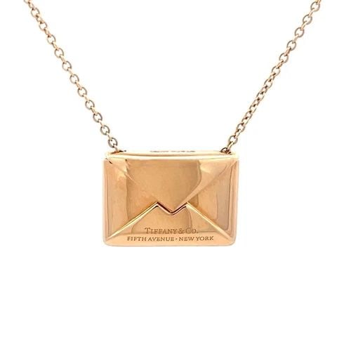 TIFFANY & CO. ENVELOPE GOLD PENDANT SWEET NOTHING 18K ROSE CHAIN NECKLACE: TIFFANY & CO. ENVELOPE GOLD PENDANT SWEET NOTHING 18K ROSE CHAIN NECKLACE This elegant authentic pendant and chain necklace is by Tiffany & Co. from the Sweet Nothing Collection, it is crafted from 18