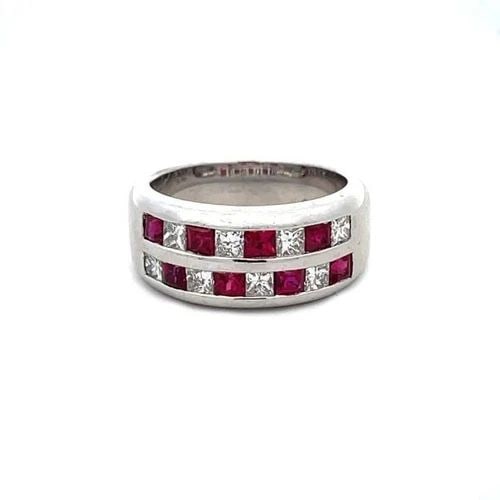 DIAMOND RUBY PLATINUM RING DOUBLE ROW SOLID HEAVY BAND SIZE 6.75: DIAMOND RUBY PLATINUM RING DOUBLE ROW SOLID HEAVY BAND SIZE 6.75 This beautiful double row tapered band is crafted from platinum with a polished finish featuring the front part with 2 stacked rows an 