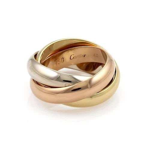CARTIER TRINITY 18K TRICOLOR GOLD 4.5MM ROLLING BAND RING SIZE EU 48-US 4.5: CARTIER TRINITY 18K TRICOLOR GOLD 4.5MM ROLLING BAND RING SIZE EU 48-US 4.5 Cartier Trinity 18k Tricolor Gold 4.5mm Rolling Band Ring Size EU 48-US 4.5 Description This bold authentic triple band ring