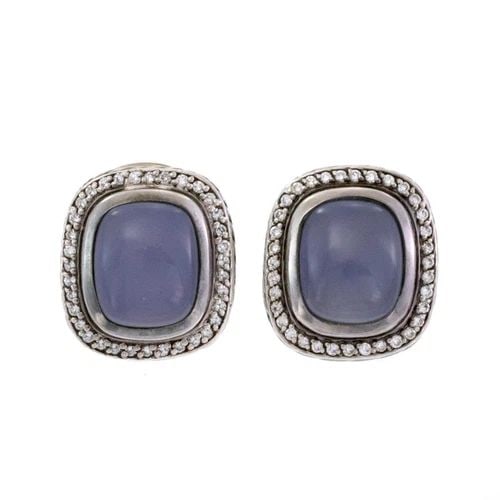 DAVID YURMAN OVAL HUGGIE EARRINGS NOBLESSE DIAMOND BLUE STONE STERLING SILVER (1 of 2)