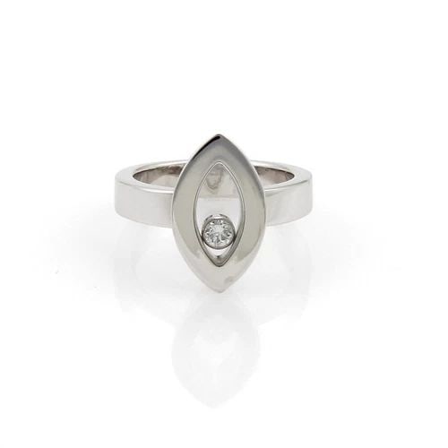 CHOPARD HAPPY DIAMOND GOLD RING 18K WHITE MARQUISE SHAPED SIZE 5.5 W/CERT: CHOPARD HAPPY DIAMOND GOLD RING 18K WHITE MARQUISE SHAPED SIZE 5.5 W/CERT The Chopard Happy Diamond ring is crafted in 18k white gold, it is a stunning piece of fine jewelry. This marquise-shaped ring