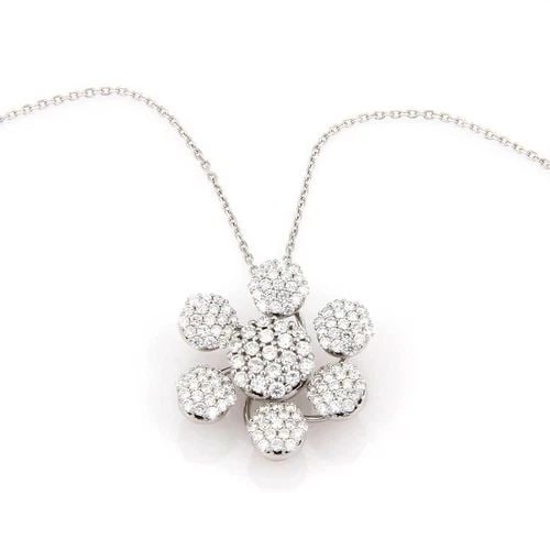DIAMOND GOLD NECKLACE 18K WHITE FLOWER PENDANT W/CHAIN 14K ESTATE: DIAMOND GOLD NECKLACE 18K WHITE FLOWER PENDANT W/CHAIN 14K ESTATE This diamond necklace features an elegant 18K white gold flower pendant with natural diamonds. The 14k gold chain has a length of 16 i