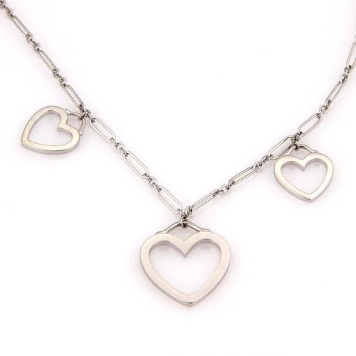 TIFFANY & CO. GOLD HEARTS NECKLACE TRIPLE SENTIMENTAL 18K WHITE: TIFFANY & CO. GOLD HEARTS NECKLACE TRIPLE SENTIMENTAL 18K WHITE The Tiffany & Co. Gold Hearts Necklace Triple Sentimental is a beautiful piece of fine jewelry made of 18k white gold. This elegant neck
