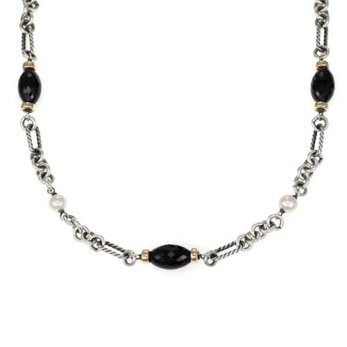 DAVID YURMAN ONYX NECKLACE PEARLS STERLING SILVER 18K GOLD TOGGLE CLASP 36"L: DAVID YURMAN ONYX NECKLACE PEARLS STERLING SILVER 18K GOLD TOGGLE CLASP 36"L David Yurman Onyx Pearls 925 Silver 18k Gold Toggle Clasp Chain Necklace 36"L Description This elegant authentic necklace i