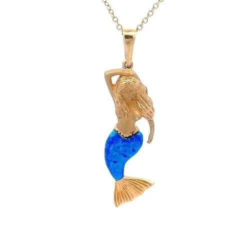 REYES DEL MAR MERMAID GOLD PENDANT GEMESTONE 14K YELLOW NECKLACE: REYES DEL MAR MERMAID GOLD PENDANT GEMESTONE 14K YELLOW NECKLACE This is a lovely nautical necklace; it is crafted from 14k yellow gold. The pendant is a 2 inches tall mermaid with polished flowing ha