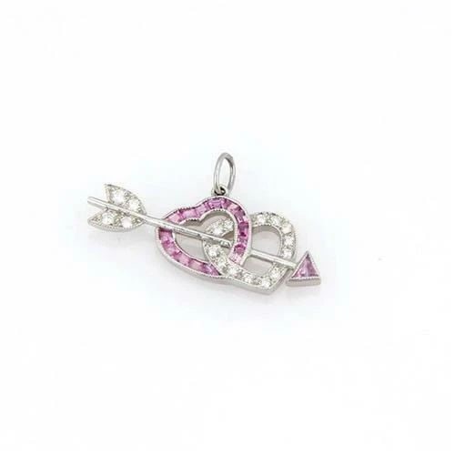 TIFFANY & CO. HEARTS PENDANT DIAMOND SAPPHIRE PLATINUM ARROW STYLE: TIFFANY & CO. HEARTS PENDANT DIAMOND SAPPHIRE PLATINUM ARROW STYLE Tiffany & Co. Diamond & Sapphire Platinum Double Hearts & Bow Pendant Description This is a beautiful authentic small pendant or char