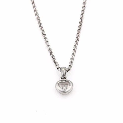CHOPARD NECKLACE HAPPY DIAMOND 18K WHITE GOLD MINI HEART PENDANT & CHAIN: CHOPARD NECKLACE HAPPY DIAMOND 18K WHITE GOLD MINI HEART PENDANT & CHAIN The Chopard Necklace Happy Diamond is a stunning piece of fine jewelry featuring a mini heart pendant crafted from 18k white go