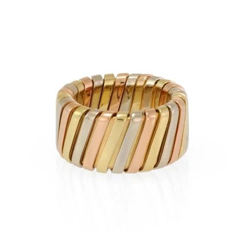 BULGARI BVLGARI TUBOGAS 18K TRI-COLOR GOLD 10MM WIDE BAND RING 4: BULGARI BVLGARI TUBOGAS 18K TRI-COLOR GOLD 10MM WIDE BAND RING 4 Bulgari Bvlgari Tubogas 18k Tri-Color Gold 10mm Wide Band Ring 4 Description From the Tubogas Collection by Bvlgari, this authentic wid