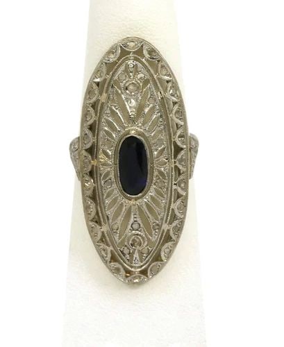 ART DECO 1.50CT DIAMOND RING PLATINUM 18K GOLD LONG FINGER STYLE: ART DECO 1.50CT DIAMOND RING PLATINUM 18K GOLD LONG FINGER STYLE This is an Art Deco platinum and 18k yellow gold, diamonds and blue sapphire ladies long finger marquise shape ring. The piece is well 