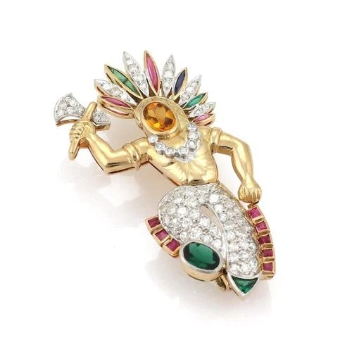 ESTATE 1.45CT DIAMOND & GEMS PLATINUM 18K YELLOW GOLD NATIVE INDIAN BROOCH: ESTATE 1.45CT DIAMOND & GEMS PLATINUM 18K YELLOW GOLD NATIVE INDIAN BROOCH Estate 1.45ct Diamond & Gems Platinum 18k Yellow Gold Native Indian Brooch Description This is an impressive and detailed fig