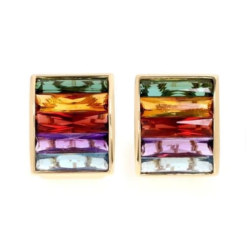 BEAUTIFUL MULTI COLOR TOURMALINE 18K YELLOW GOLD WIDE CURVED POST CLIP EARRINGS: BEAUTIFUL MULTI COLOR TOURMALINE 18K YELLOW GOLD WIDE CURVED POST CLIP EARRINGS Beautiful Multi color Tourmaline 18k Yellow Gold Wide Curved Post Clip Earrings Description This is a beautiful pair of 
