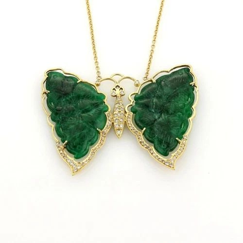 JADE DIAMOND GOLD NECKLACE LARGE BUTTERFLY 18K YELLOW PENDANT W/CHAIN VINTAGE (1 of 2)