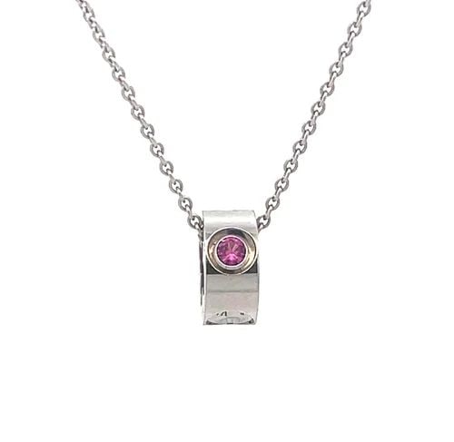 LOUIS VUITTON EMPREINTE GOLD PENDANT PINK SAPPHIRE18K WHITE CHAIN NECKLACE: LOUIS VUITTON EMPREINTE GOLD PENDANT PINK SAPPHIRE18K WHITE CHAIN NECKLACE This elegant authentic pendant and chain necklace is by Louis Vuitton from the Empreinte Collection. The pendant is a small 5