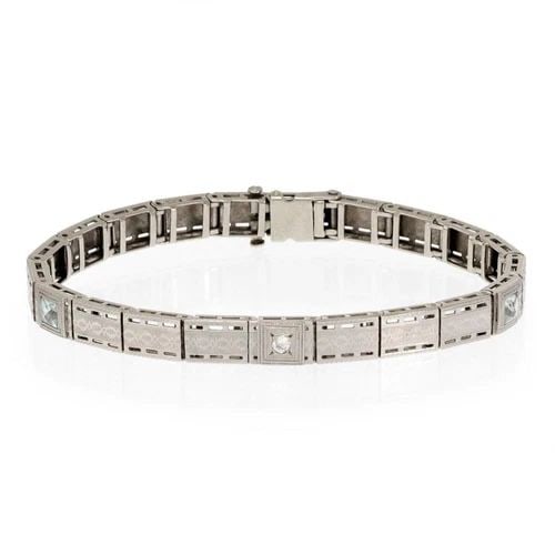 ART DECO DIAMOND AQUAMARINE PLATINUM 14K GOLD RECTANGLE LINK BRACELET (1 of 2)