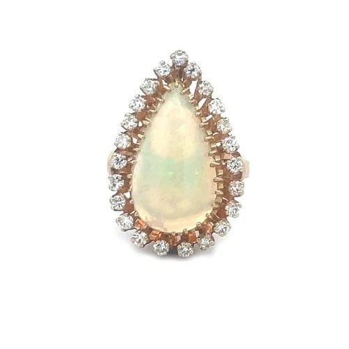 DIAMOND OPAL GOLD RING 13K YELLOW HALO TEAR DROP COCKTAIL STYLE (1 of 2)