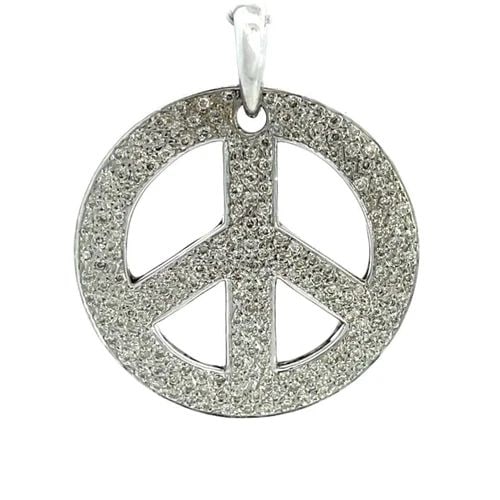 14 DIAMOND PEACE SIGN LARGE ROUND WHITE GOLD PENDANT 21 GRAMS: 14 DIAMOND PEACE SIGN LARGE ROUND WHITE GOLD PENDANT 21 grams