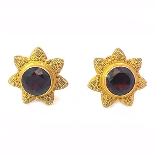 YELLOW GOLD 21K SUNFLOWER EARRINGS GEMSTONE 18K YELLOW POST CLIP STUDS: YELLOW GOLD 21K SUNFLOWER EARRINGS GEMSTONE 18K YELLOW POST CLIP STUDS This fabulous pair of vintage earrings are crafted from 21k yellow gold with 18k yellow gold clip backs. The pair features the sh