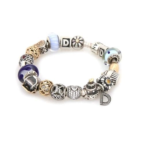 PANDORA ENAMEL 14K GOLD & STERLING WHITE STONE SLIDE CHARMS CABLE BRACELET (1 of 2)
