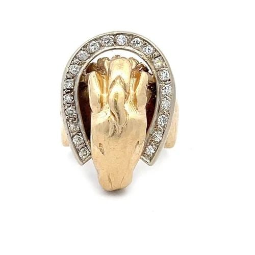 HORSESHOE DIAMOND MEN'S RING 14K GOLD 3D EQUESTRIAN: HORSESHOE DIAMOND MEN'S RING 14K GOLD 3D EQUESTRIAN This good luck ring is crafted from 14k yellow and white gold featuring a horse head with the white gold U shape around the horse's neck decorated w