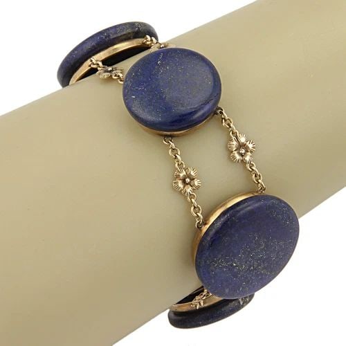 GOLD LAPIS BRACELET 14K YELLOW LARGE ROUND & FLORAL LINK STYLE (1 of 2)