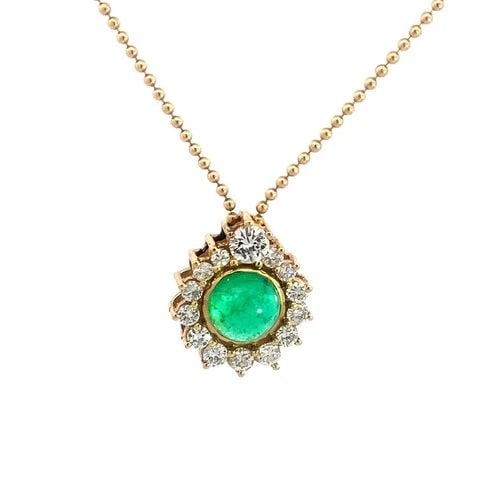 DIAMOND EMERALD GOLD NECKLACE 14K YELLOW PEAR HALO PENDANT BEAD CHAIN: DIAMOND EMERALD GOLD NECKLACE 14K YELLOW PEAR HALO PENDANT BEAD CHAIN This lovely diamond and emerald 14k yellow gold necklace is a stunning piece of fine jewelry featuring a pear-shaped prong frame w