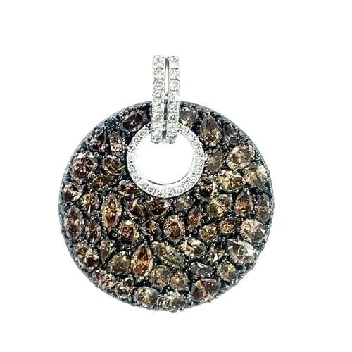 GOLD BROWN WHITE NATURAL DIAMOND PENDANT 18K TWO TONE ROUND DISC STYLE: GOLD BROWN WHITE NATURAL DIAMOND PENDANT 18K TWO TONE ROUND DISC STYLE This is a stunning disc shape pendant, it features a 2.5mm thick round shape frame in 18k black gold decorated with assorted shap